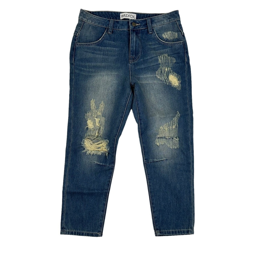 WILDFOX Baggy Crop Distressed Denim Blue Jeans Worn Out Sz 26 100% Cotton